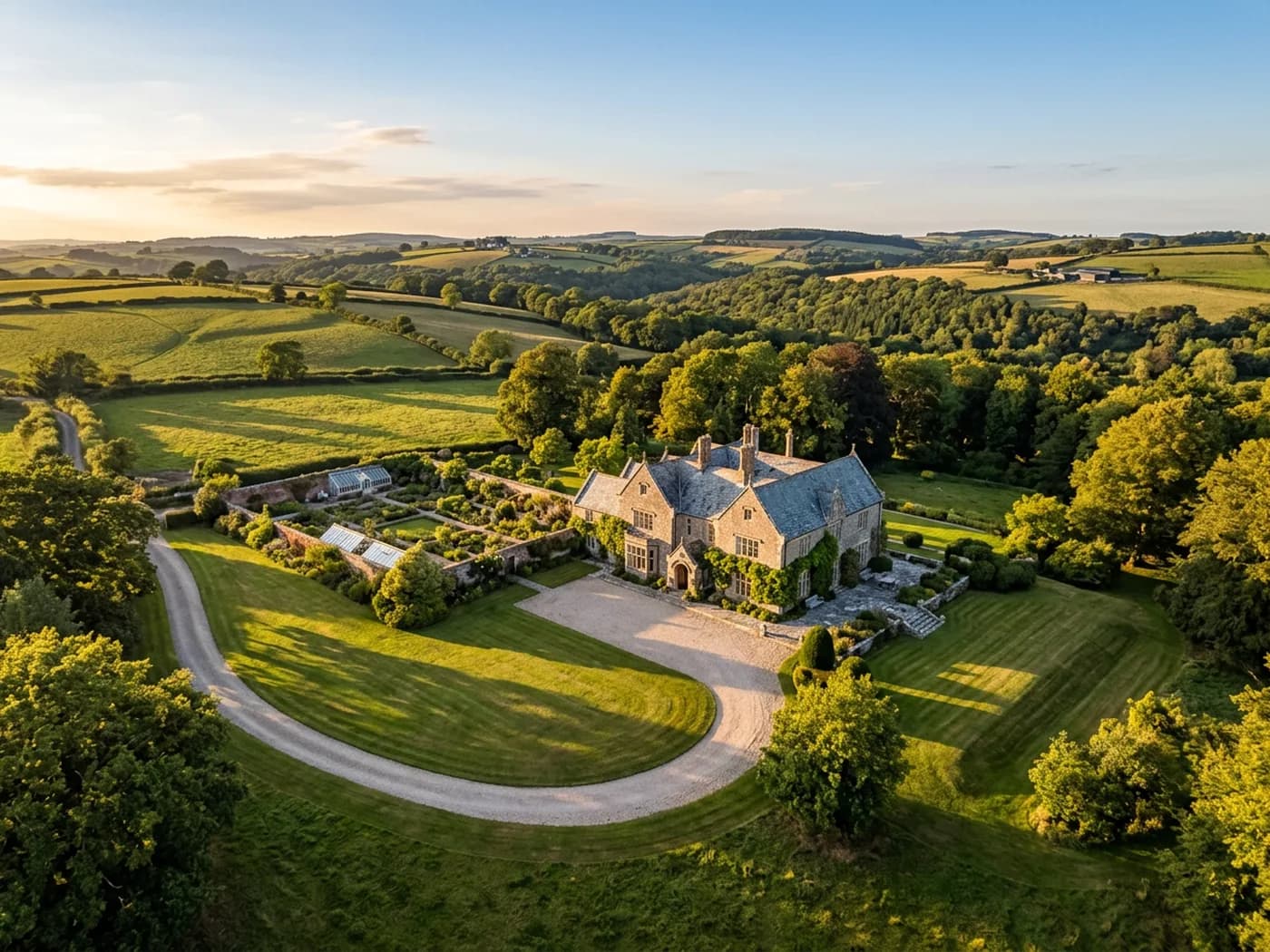 A golden hour aerial photograph of a Devon country house and its grounds, with a gravel drive, mature trees casting long shadows and hills behind